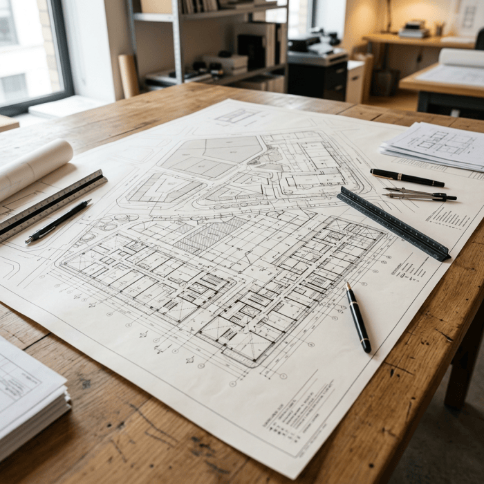 Architectural site plan and floor plans with drafting tools on a wooden table