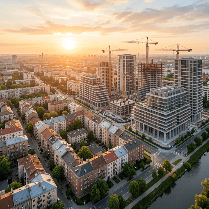 Aerial city view with cranes, new towers, older homes, and sunset